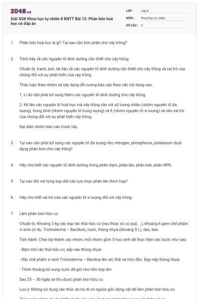 Giải SGK Khoa học tự nhiên 8 KNTT Bài 12: Phân bón hoá học có đáp án