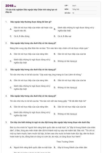 10 câu trắc nghiệm Dấu ngoặc kép Chân trời sáng tạo có đáp án