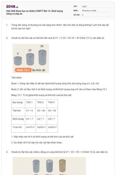 Giải SGK Khoa học tự nhiên 8 KNTT Bài 13. Khối lượng riêng có đáp án