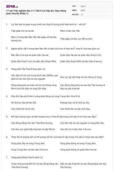 17 câu  Trắc nghiệm Địa Lí 11 Bài 6 (có đáp án): Hợp chủng quốc Hoa Kỳ (Phần 1)