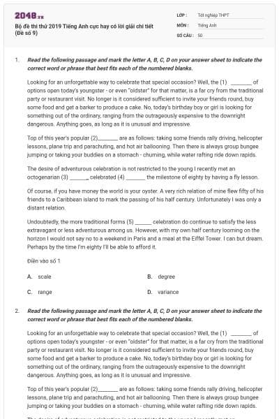 Bộ đề thi thử 2019 Tiếng Anh cực hay có lời giải chi tiết (Đề số 9)