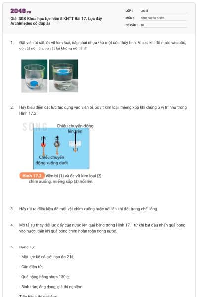Giải SGK Khoa học tự nhiên 8 KNTT Bài 17. Lực đẩy Archimedes có đáp án