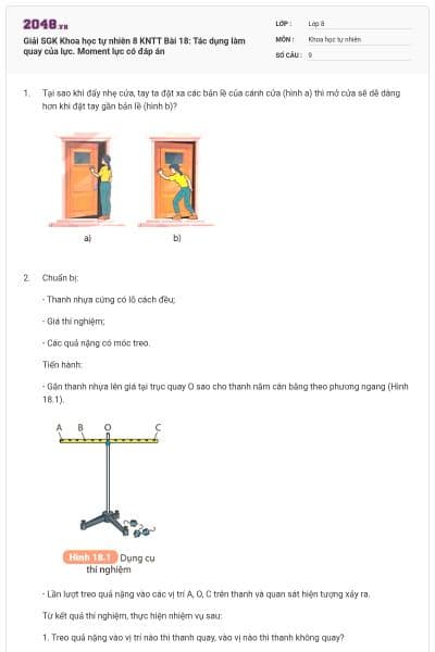 Giải SGK Khoa học tự nhiên 8 KNTT Bài 18: Tác dụng làm quay của lực. Moment lực có đáp án