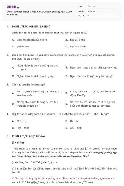 Đề thi vào lớp 6 môn Tiếng Việt trường Cầu Giấy năm 2019 có đáp án