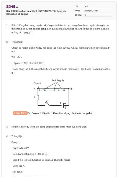 Giải SGK Khoa học tự nhiên 8 KNTT Bài 23. Tác dụng của dòng điện có đáp án