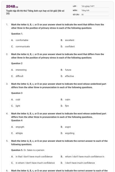 Tuyển tập đề thi thử Tiếng Anh cực hay có lời giải (Đề số 20)