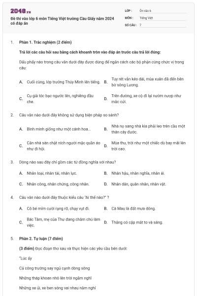 Đề thi vào lớp 6 môn Tiếng Việt trường Cầu Giấy năm 2024 có đáp án