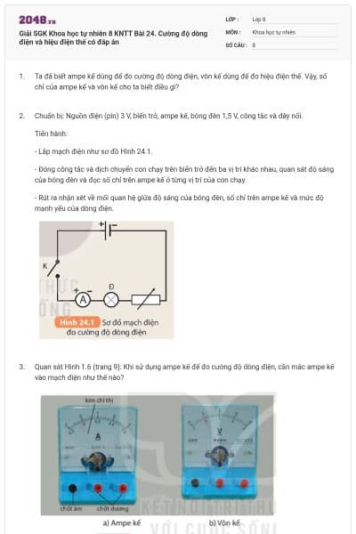 Giải SGK Khoa học tự nhiên 8 KNTT Bài 24. Cường độ dòng điện và hiệu điện thế có đáp án