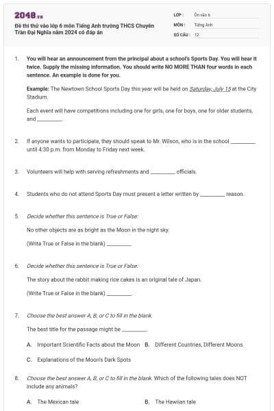 Đề thi thử vào lớp 6 môn Tiếng Anh trường THCS Chuyên Trần Đại Nghĩa  năm 2024 có đáp án