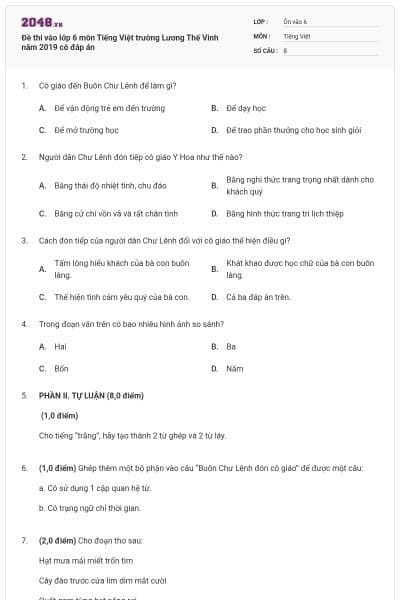 Đề thi vào lớp 6 môn Tiếng Việt trường Lương Thế Vinh năm 2019 có đáp án