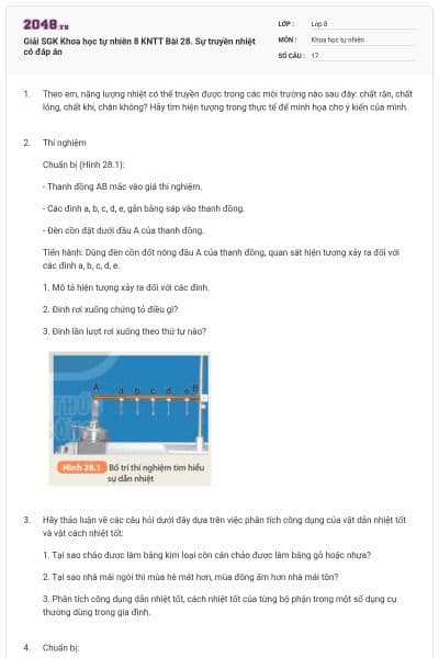 Giải SGK Khoa học tự nhiên 8 KNTT Bài 28. Sự truyền nhiệt có đáp án