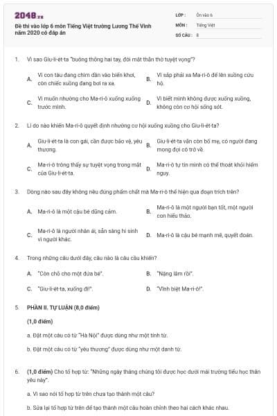 Đề thi vào lớp 6 môn Tiếng Việt trường Lương Thế Vinh năm 2020 có đáp án