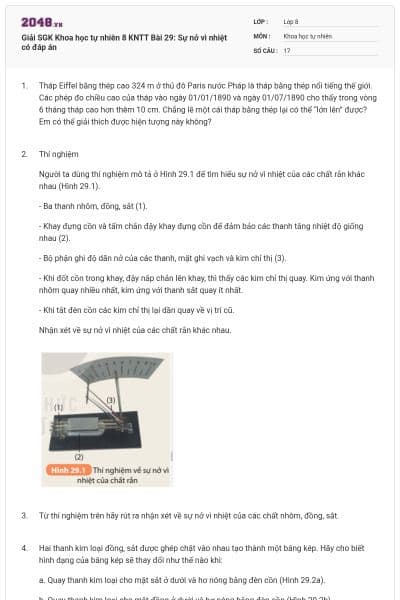 Giải SGK Khoa học tự nhiên 8 KNTT Bài 29: Sự nở vì nhiệt có đáp án