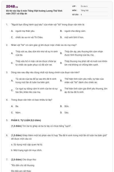 Đề thi vào lớp 6 môn Tiếng Việt trường Lương Thế Vinh năm 2021 có đáp án