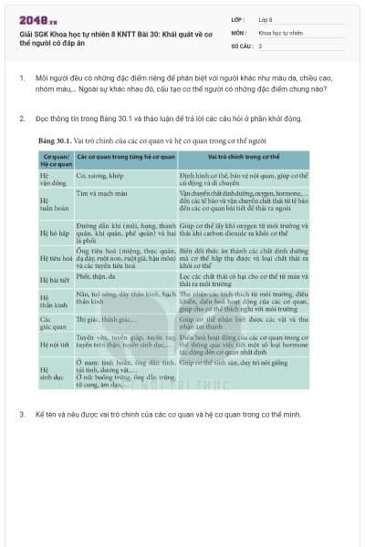 Giải SGK Khoa học tự nhiên 8 KNTT Bài 30: Khái quát về cơ thể người có đáp án