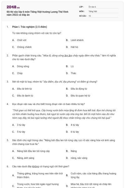 Đề thi vào lớp 6 môn Tiếng Việt trường Lương Thế Vinh năm 2022 có đáp án