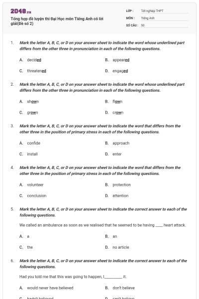 Tổng hợp đề luyện thi Đại Học môn Tiếng Anh có lời giải(Đề số 2)