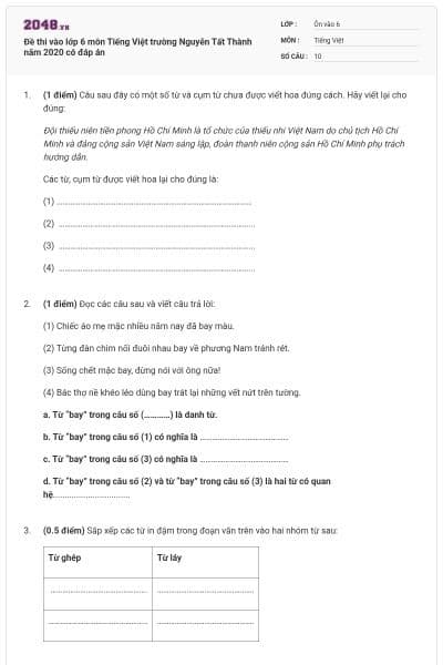 Đề thi vào lớp 6 môn Tiếng Việt trường Nguyễn Tất Thành năm 2020 có đáp án