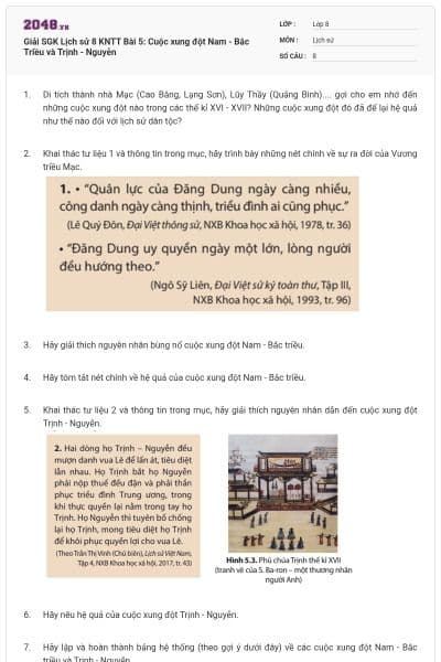 Giải SGK Lịch sử 8 KNTT Bài 5: Cuộc xung đột Nam - Bắc Triều và Trịnh - Nguyễn