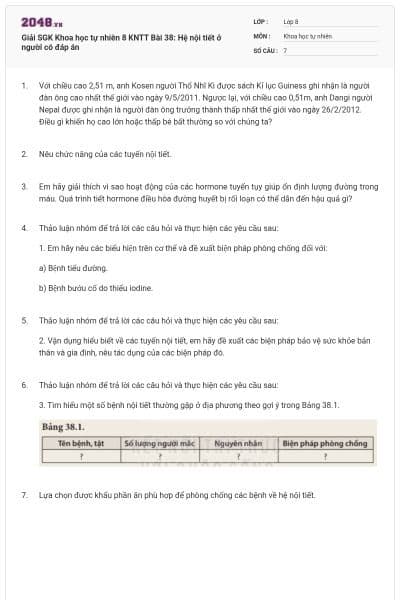 Giải SGK Khoa học tự nhiên 8 KNTT Bài 38: Hệ nội tiết ở người có đáp án