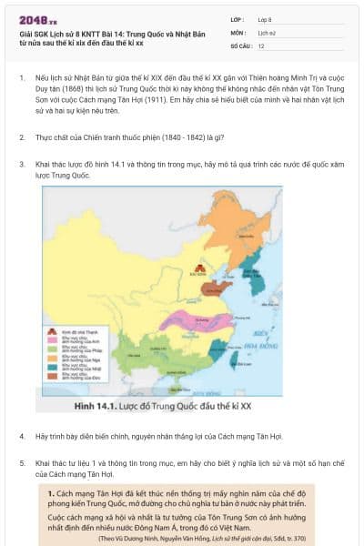 Giải SGK Lịch sử 8 KNTT Bài 14: Trung Quốc và Nhật Bản từ nửa sau thế kỉ xix đến đầu thế kỉ xx