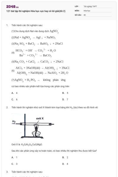 121 bài tập thí nghiệm Hóa học cực hay có lời giải(đề 2)