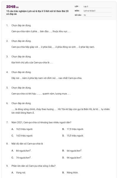 15 câu trắc nghiệm Lịch sử & Địa lí 5 Kết nối tri thức Bài 20 có đáp án