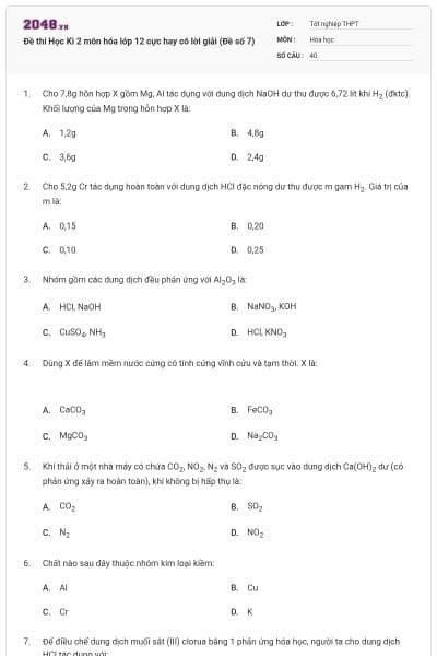 Đề thi Học Kì 2 môn hóa lớp 12 cực hay có lời giải (Đề số 7)