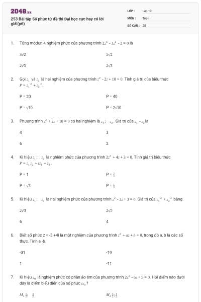 253 Bài tập Số phức từ đề thi Đại học cực hay có lời giải(p6)