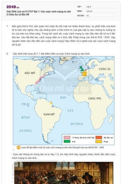 Giải SGK Lịch sử 8 CTST Bài 1: Các cuộc cách mạng tư sản ở Châu Âu và Bắc Mĩ