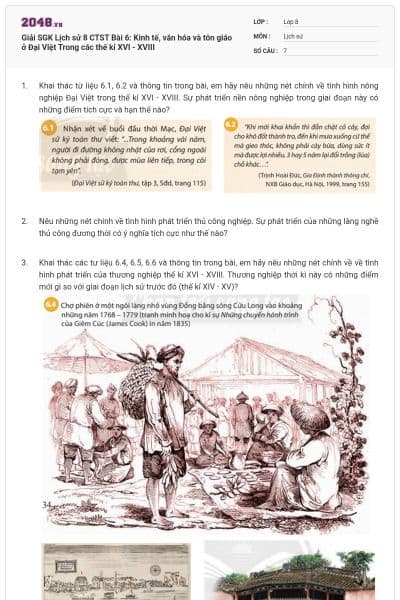 Giải SGK Lịch sử 8 CTST Bài 6: Kinh tế, văn hóa và tôn giáo ở Đại Việt Trong các thế kỉ XVI - XVIII