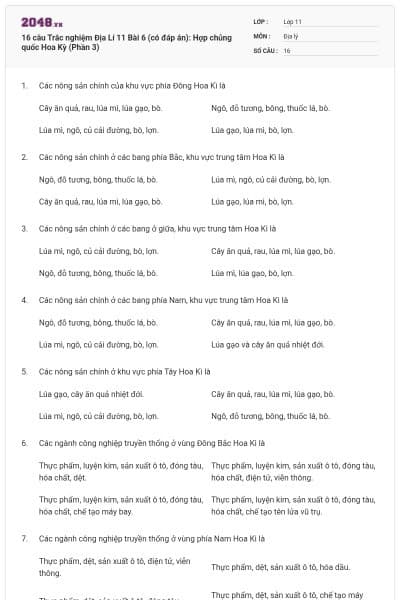 16 câu  Trắc nghiệm Địa Lí 11 Bài 6 (có đáp án): Hợp chủng quốc Hoa Kỳ (Phần 3)