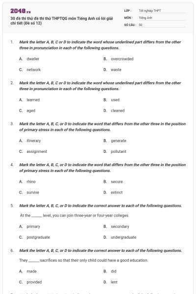 30 đề thi thử đề thi thử THPTQG môn Tiếng Anh có lời giải chi tiết (Đề số 12)