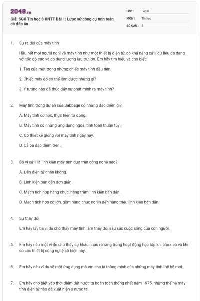 Giải SGK Tin học 8 KNTT Bài 1: Lược sử công cụ tính toán có đáp án