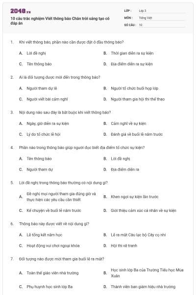 10 câu trắc nghiệm Viết thông báo Chân trời sáng tạo có đáp án