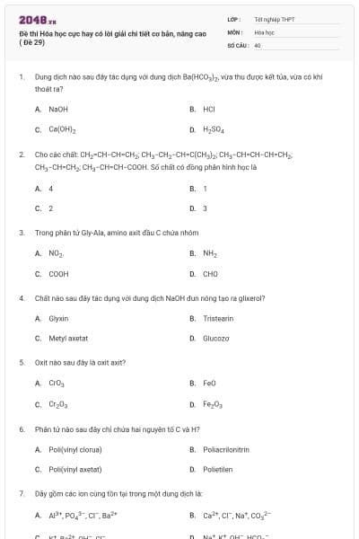 Đề thi Hóa học cực hay có lời giải chi tiết cơ bản, nâng cao ( Đề 29)