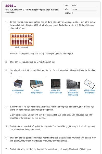 Giải SGK Tin học 8 CTST Bài 1: Lịch sử phát triển máy tính có đáp án