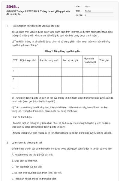 Giải SGK Tin học 8 CTST Bài 3: Thông tin với giải quyết vấn đề có đáp án