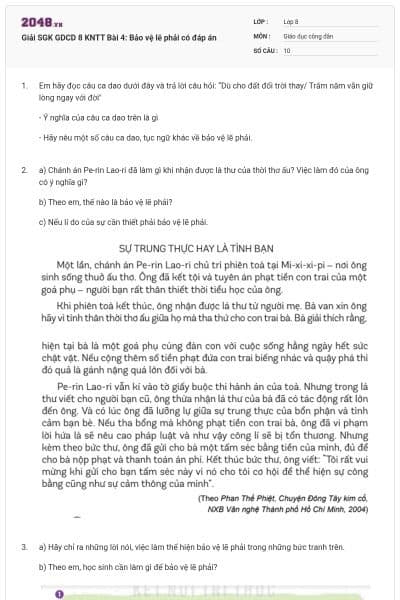 Giải SGK GDCD 8 KNTT Bài 4: Bảo vệ lẽ phải có đáp án