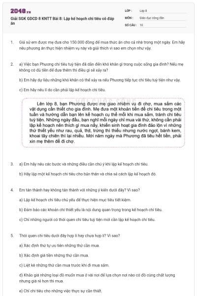 Giải SGK GDCD 8 KNTT Bài 8: Lập kế hoạch chi tiêu có đáp án