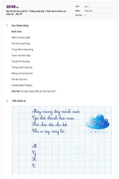 Bộ 60 đề thi cuối kì 1 Tiếng Việt lớp 1 Kết nối tri thức có đáp án - Đề 44