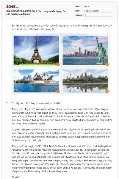Giải SGK GDCD 8 CTST Bài 2: Tôn trọng sự đa dạng của các dân tộc có đáp án