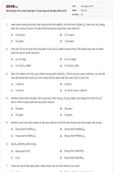 Đề thi Học Kì 2 môn hóa lớp 12 cực hay có lời giải (Đề số 9)