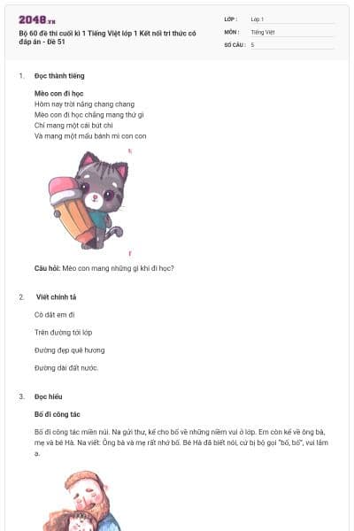 Bộ 60 đề thi cuối kì 1 Tiếng Việt lớp 1 Kết nối tri thức có đáp án - Đề 51