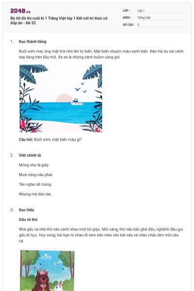 Bộ 60 đề thi cuối kì 1 Tiếng Việt lớp 1 Kết nối tri thức có đáp án - Đề 52