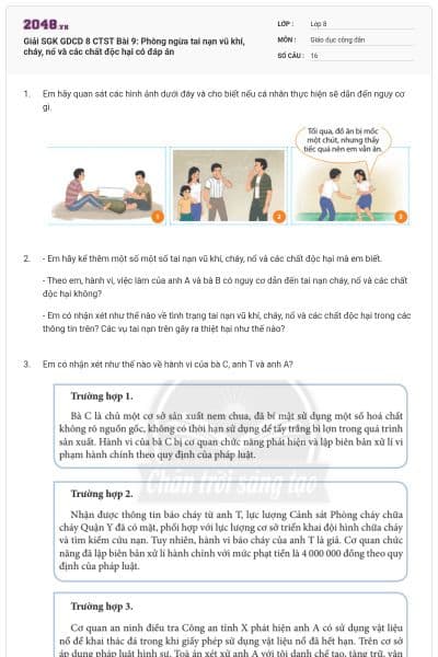 Giải SGK GDCD 8 CTST Bài 9: Phòng ngừa tai nạn vũ khí, cháy, nổ và các chất độc hại có đáp án