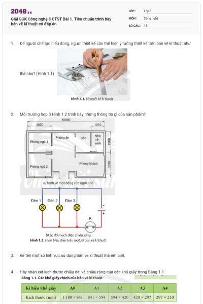 Giải SGK Công nghệ 8 CTST Bài 1. Tiêu chuẩn trình bày bản vẽ kĩ thuật có đáp án