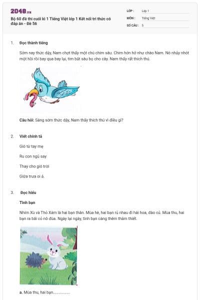 Bộ 60 đề thi cuối kì 1 Tiếng Việt lớp 1 Kết nối tri thức có đáp án - Đề 56