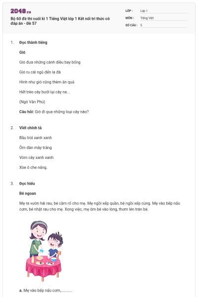 Bộ 60 đề thi cuối kì 1 Tiếng Việt lớp 1 Kết nối tri thức có đáp án - Đề 57