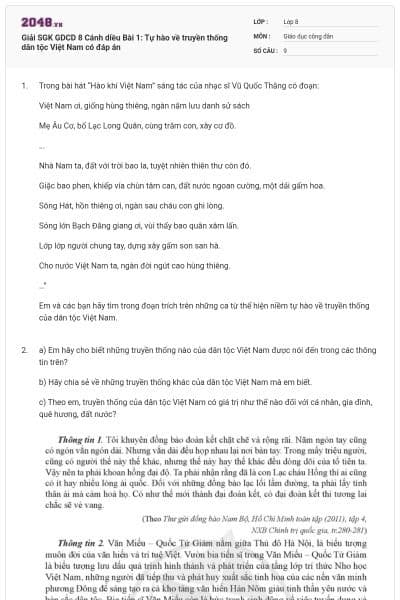 Giải SGK GDCD 8 Cánh diều Bài 1: Tự hào về truyền thống dân tộc Việt Nam có đáp án